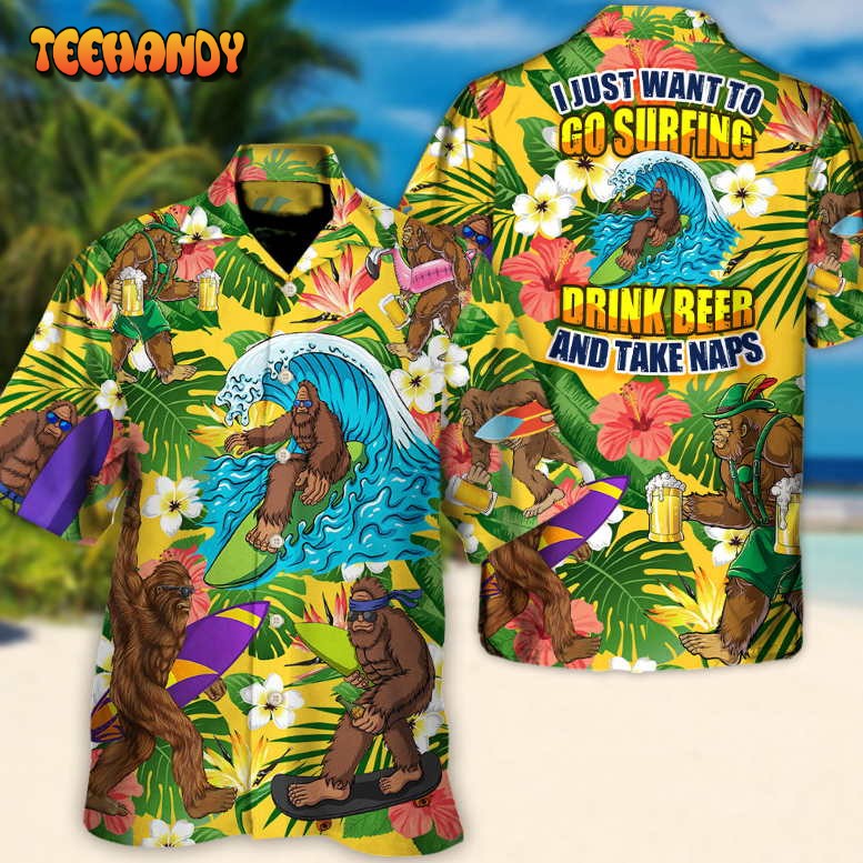 Surfing Funny Bigfoot Surfing Drink Beer And Take Naps Hawaiian Shirt