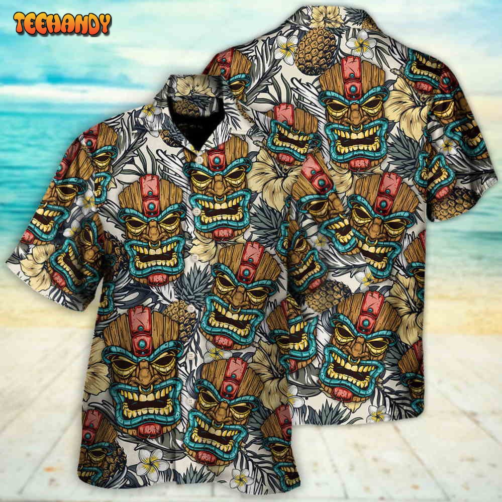 Tiki Tribal Mask With Tropical Leaves Hawaiian Shirt