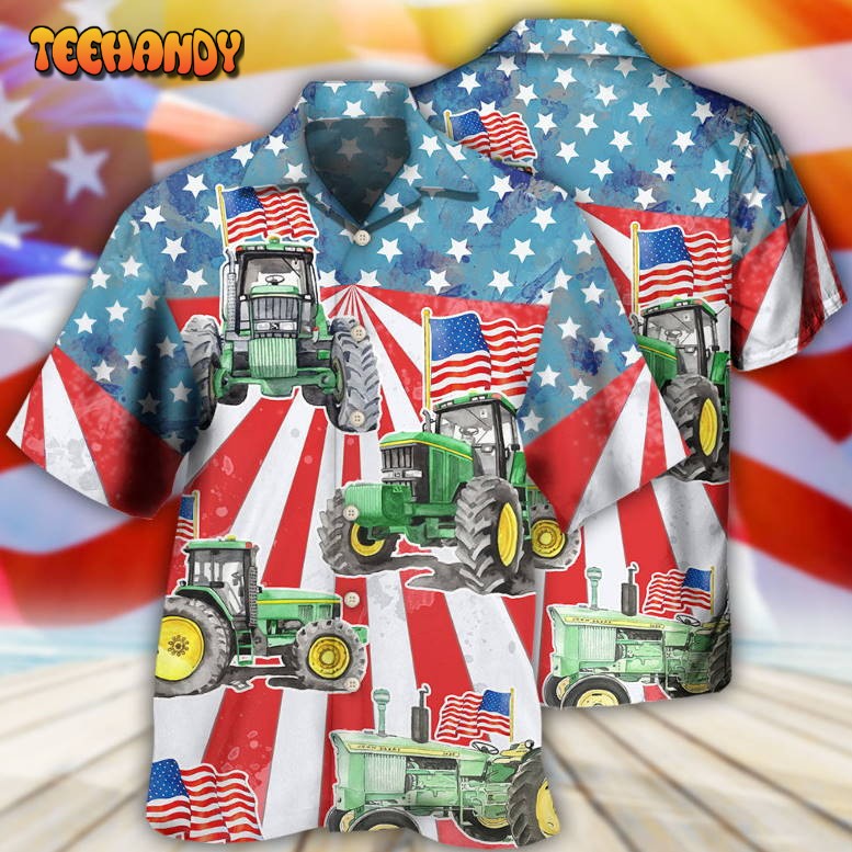 Tractor Independence Day Watercolor Tractor US Flag Hawaiian Shirt