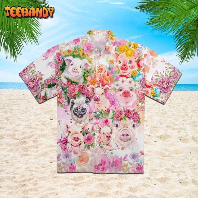 Watercolor Pig Flower Tropical Hawaiian Shirt