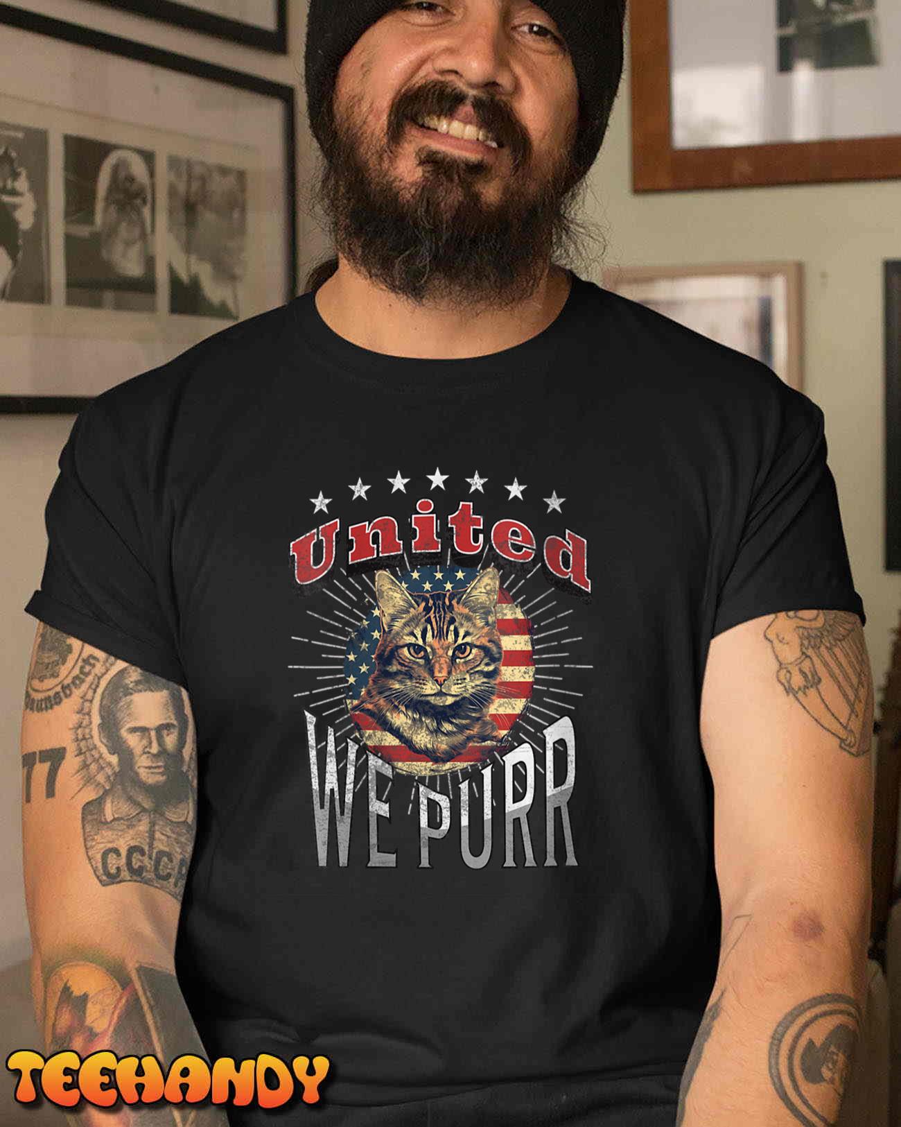 Womens United We Purr – Patriotic Cat Design V-Neck T-Shirt