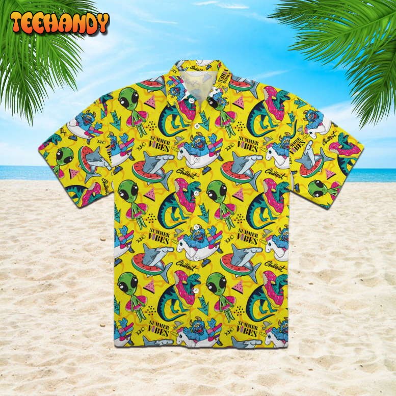 Yellow T-rex With Alien Summer Vibes Hawaiian Shirt