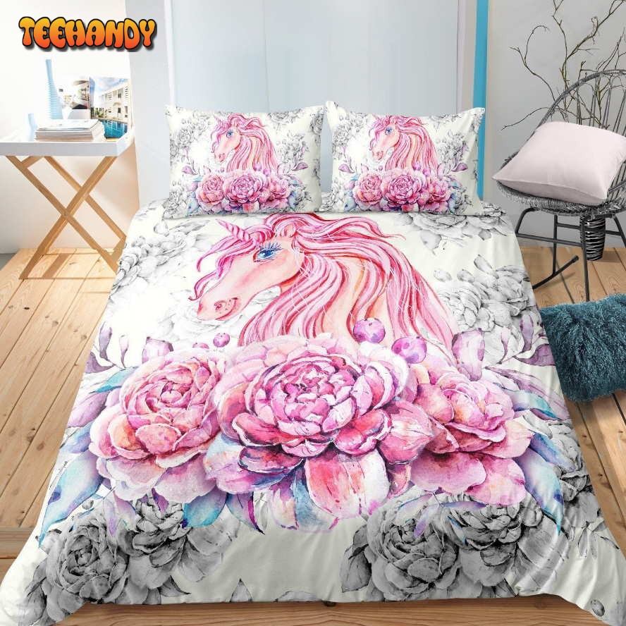 3D Beautiful Unicorn With Flowers Bed Sheets Duvet Cover Bedding Sets