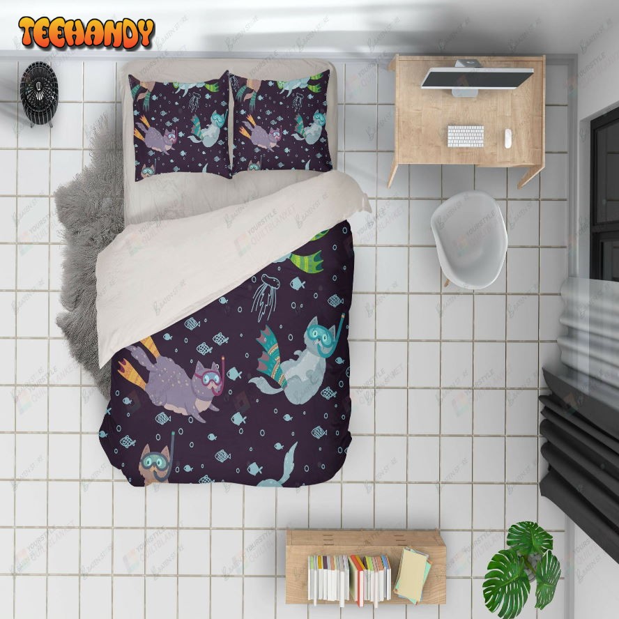 3d Cartoon Diving Cat Fish Bed Sheets Duvet Cover Bedding Set