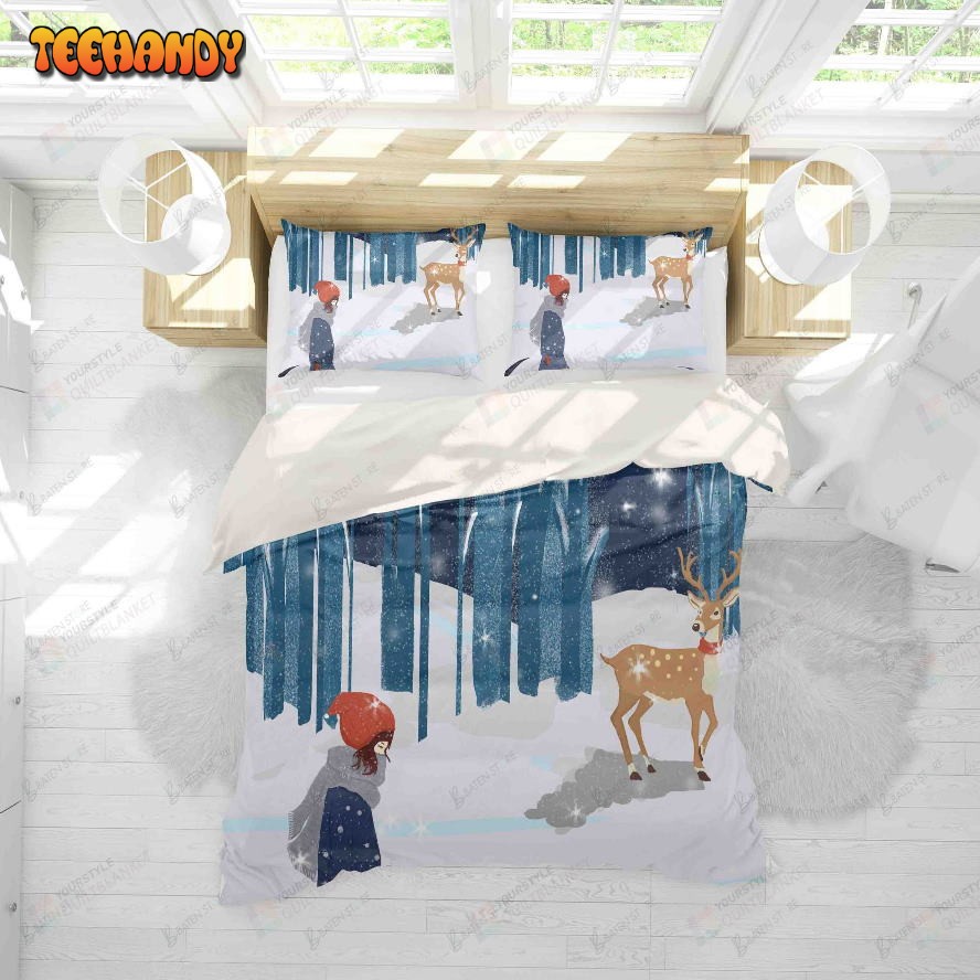 3d Cartoon Forest Elk And Girl Bed Sheets Duvet Cover Bedding Set