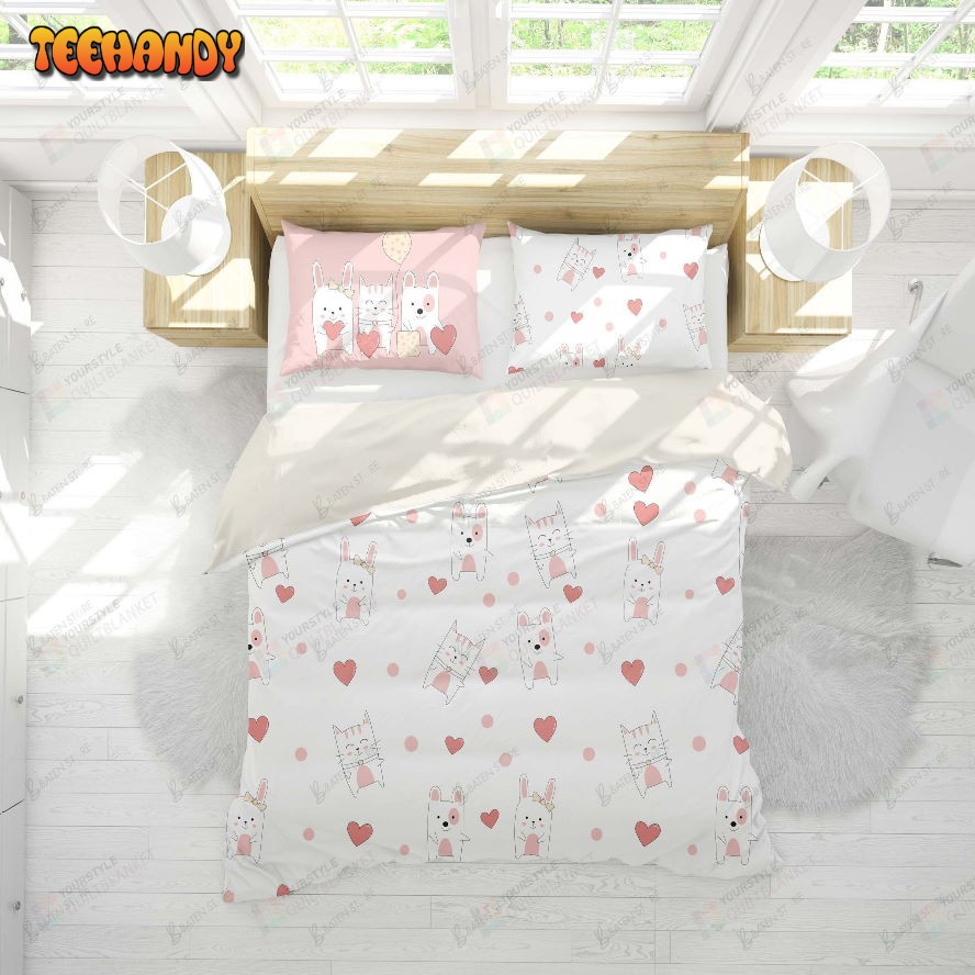 3d Cartoon Kitty, Puppy And Rabbit Bed Sheets Duvet Cover Bedding Set