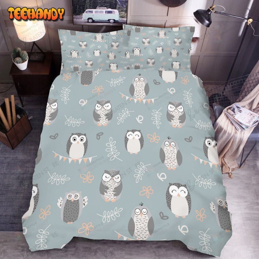 3d Cartoon Owl Floral Leaves Bed Sheets Spread Duvet Cover Bedding Set