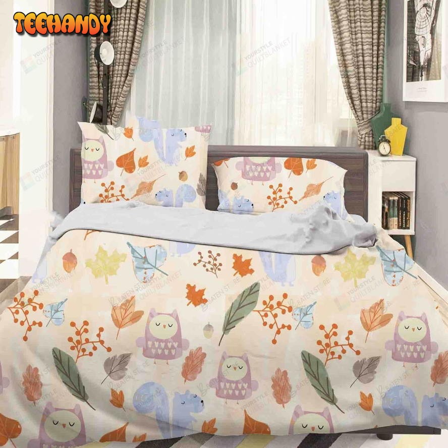 3d Cartoon Owl Leaf Bed Sheets Spread Duvet Cover Bedding Set