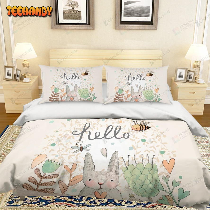 3d Cartoon Rabbit Flower Hello Bed Sheets Duvet Cover Bedding Set