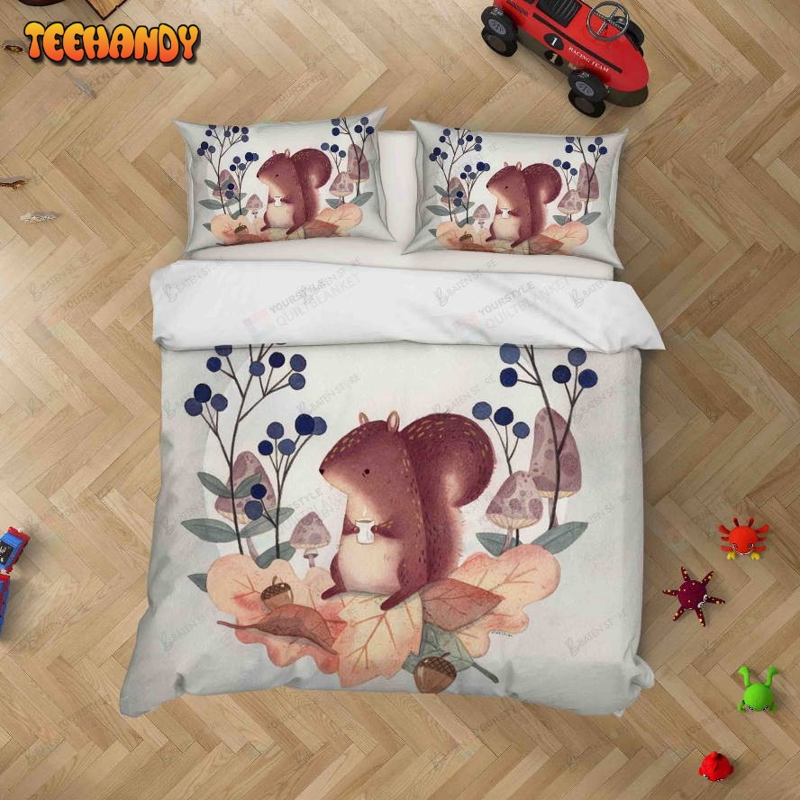 3d Cartoon Squirrel Mushroom Pinecone Leaves Duvet Cover Bedding Set