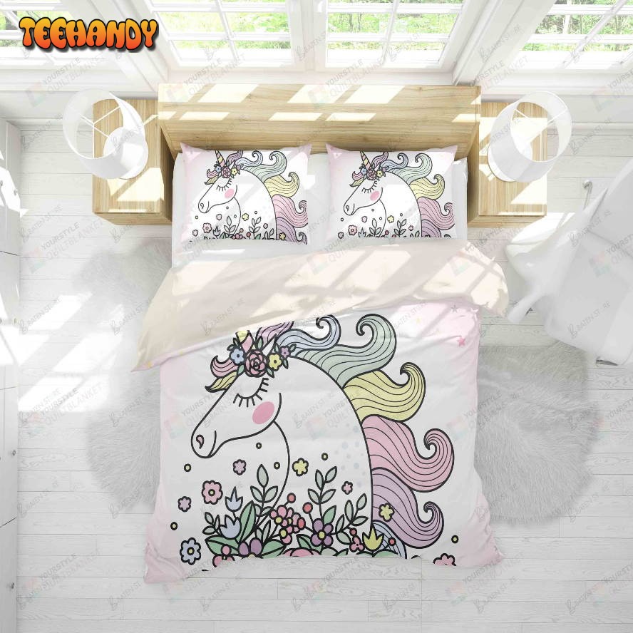 3d Cartoon Unicorn And Flowers Bed Sheets Duvet Cover Bedding Set