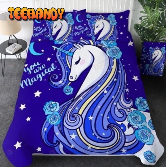 3D Cartoon Unicorn Floral Blue You Are Magical Cotton Bedding Sets