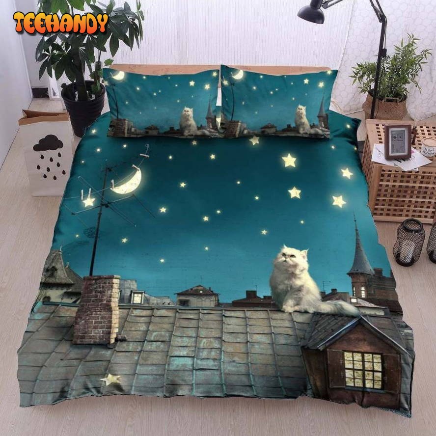 3D Cat On The Roof At The Moon Night Bed Sheets Duvet Cover Bedding Sets