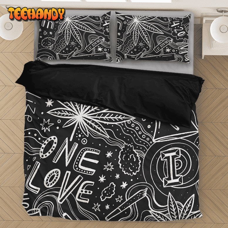 420 Blaze It One Love Marijuana Black and White Bedding Set