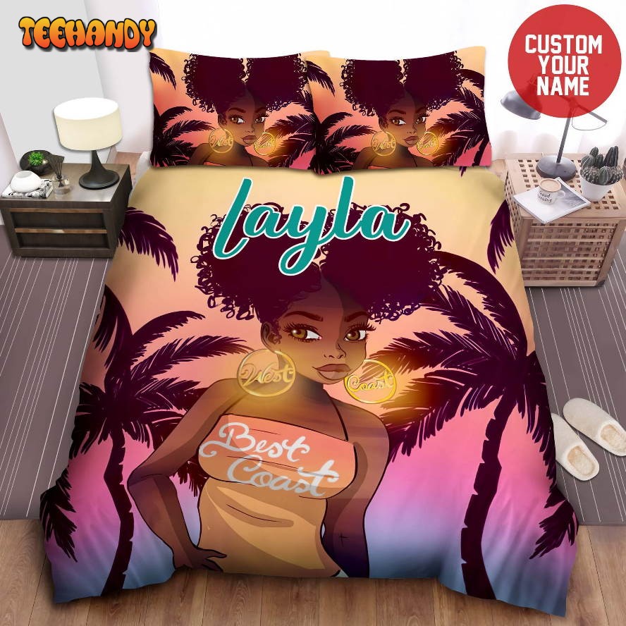 African American Woman Black Girl Best Coast Custom Name Bedding Set