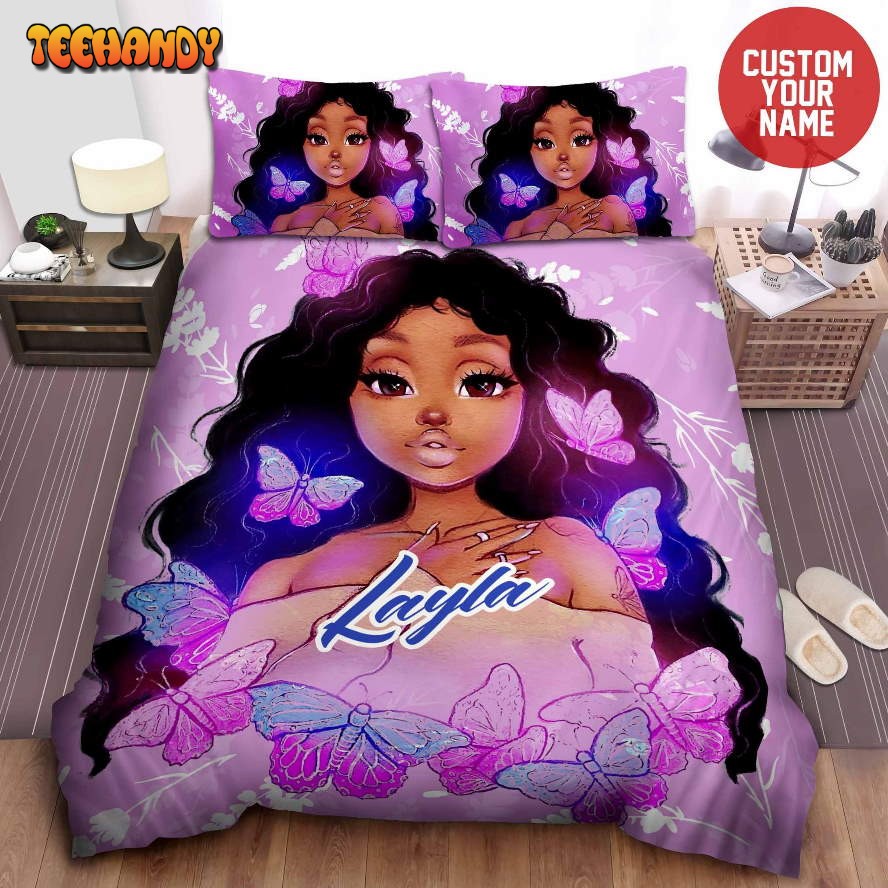 African American Woman Black Girl Magic Butterflies Custom Name Bedding Set