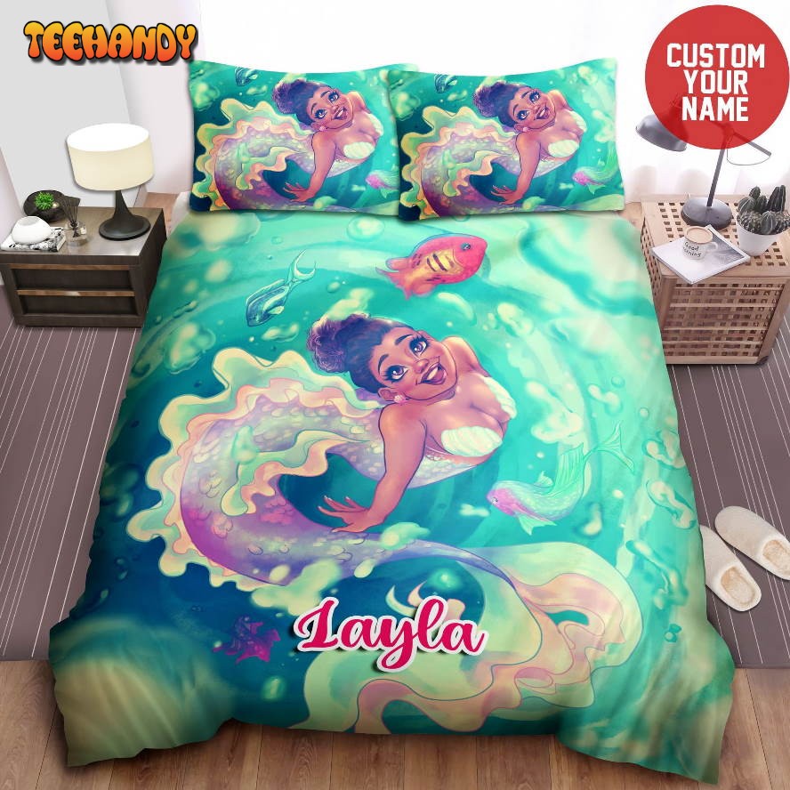 African American Woman Happy Black Mermaid Custom Name Bedding Set