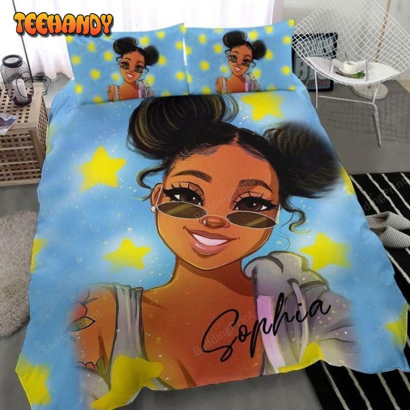 African Black Girl Star Custom Name Duvet Cover Bedding Set