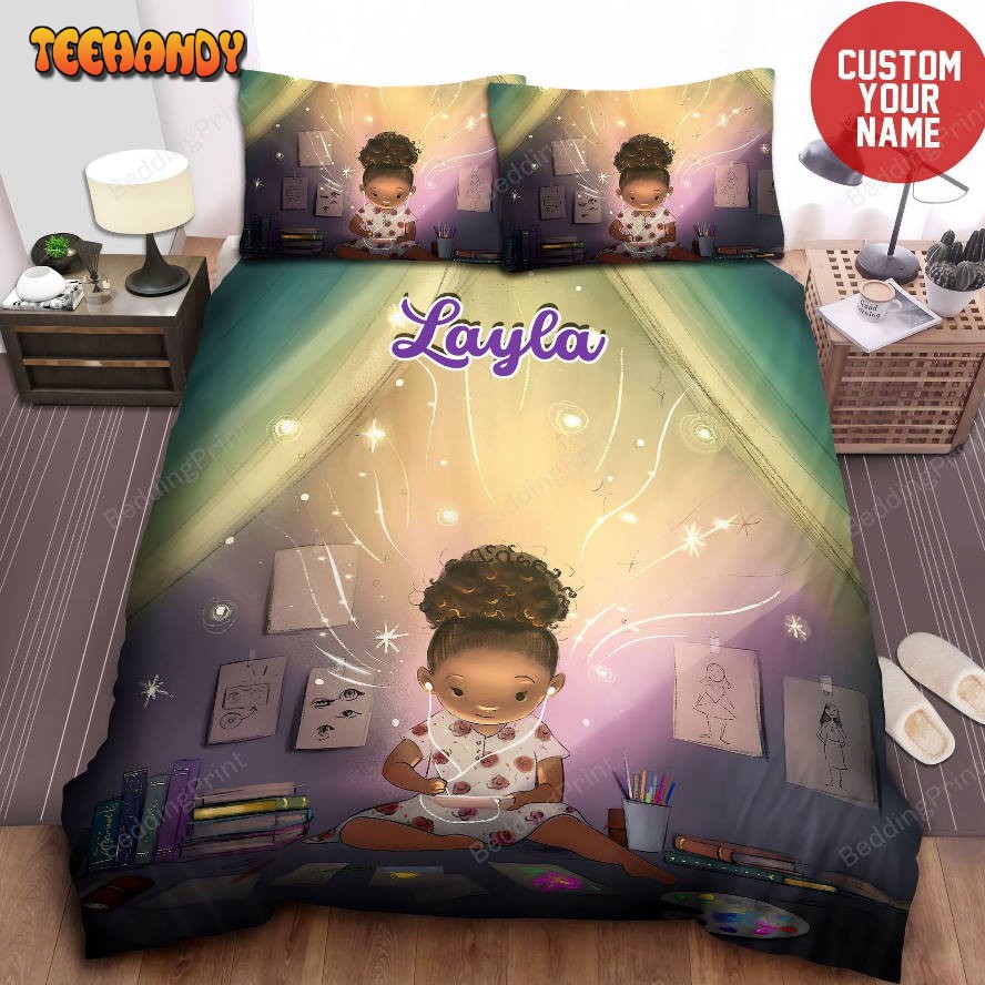 Afro Girl Black Little Girl Space Black Girl Magic Custom Name Bedding Set