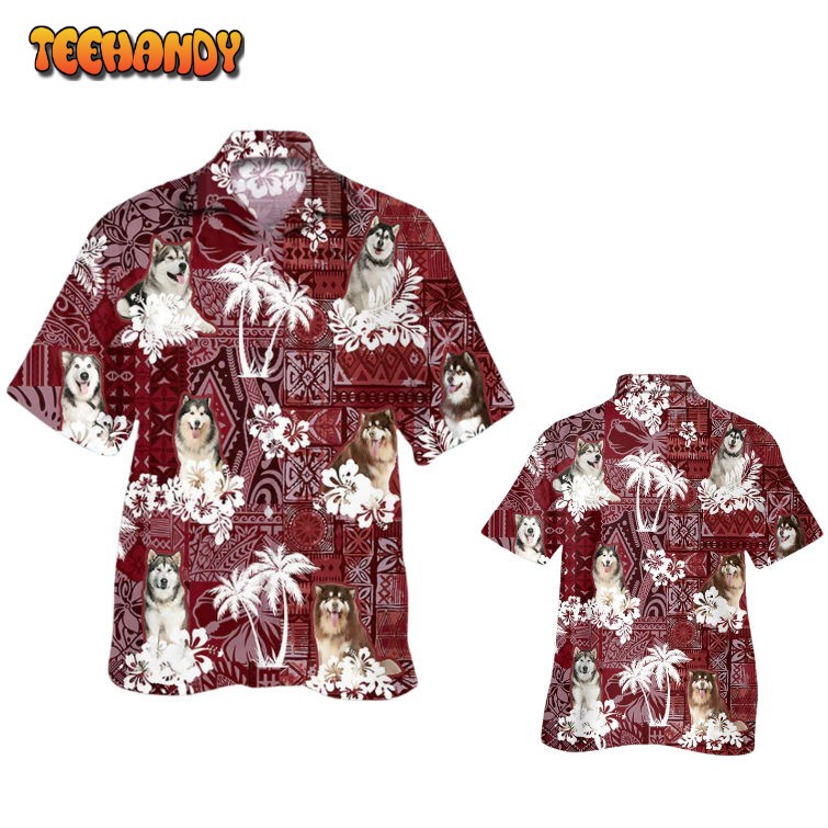 Alaskan Hawaiian Shirt, Dog Aloha Shirt Short Sleeve With Red Tribal Pattern