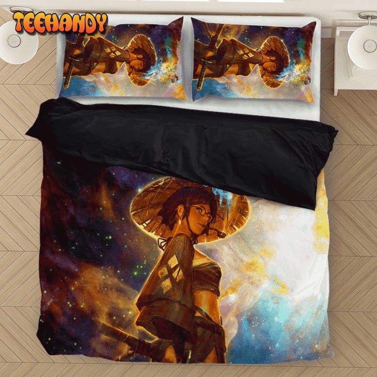 Beautiful Samurai Girl Smoking Galaxy Art Adorable Bedding Set