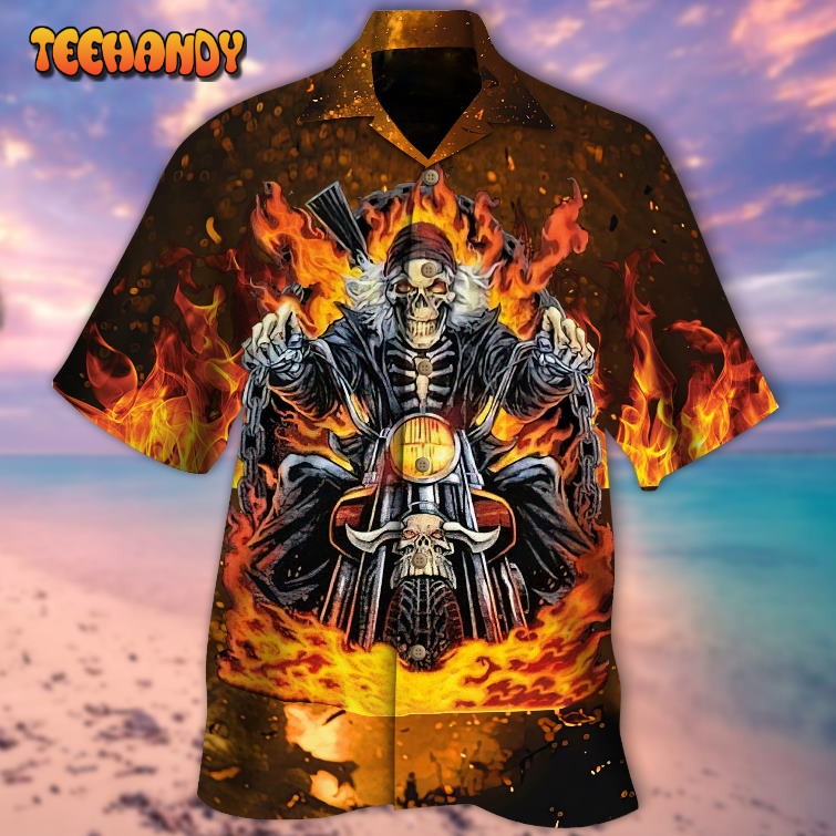 Biker Skull On Fire Hawaiian Shirt, Best Gift For Skull Lovers