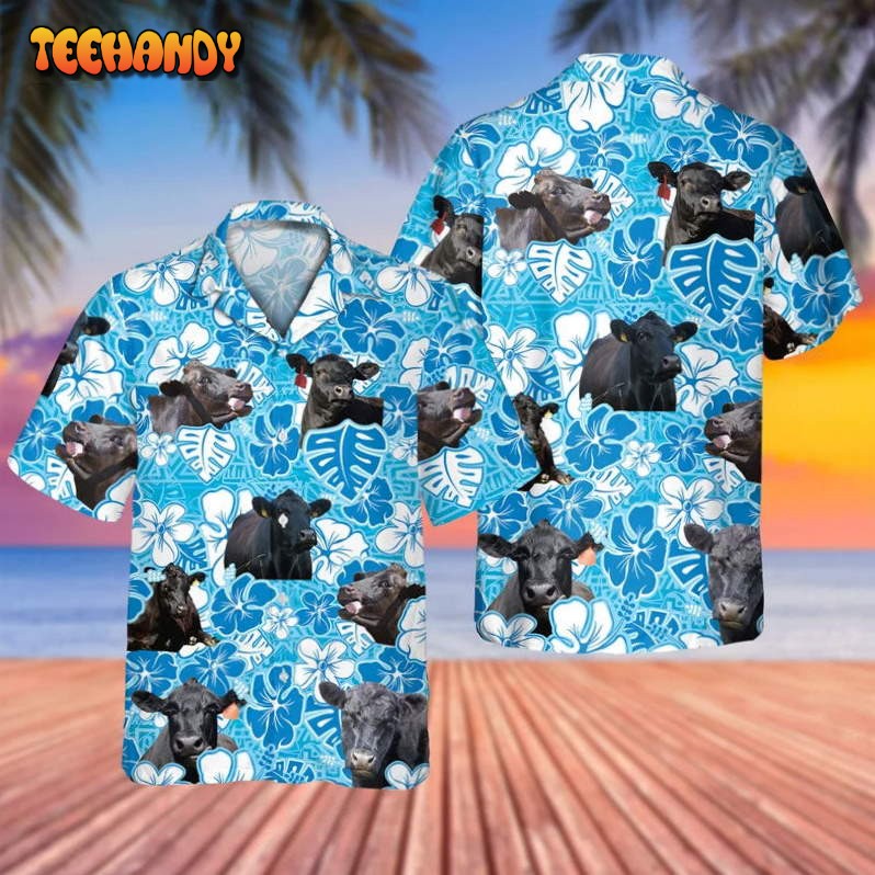 Black Angus Blue Floral Hawaiian All Over Printed 3D Hawaiian Shirt_8570