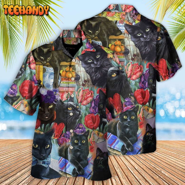 Black Cat Art With Flowers Hawaiian Shirt