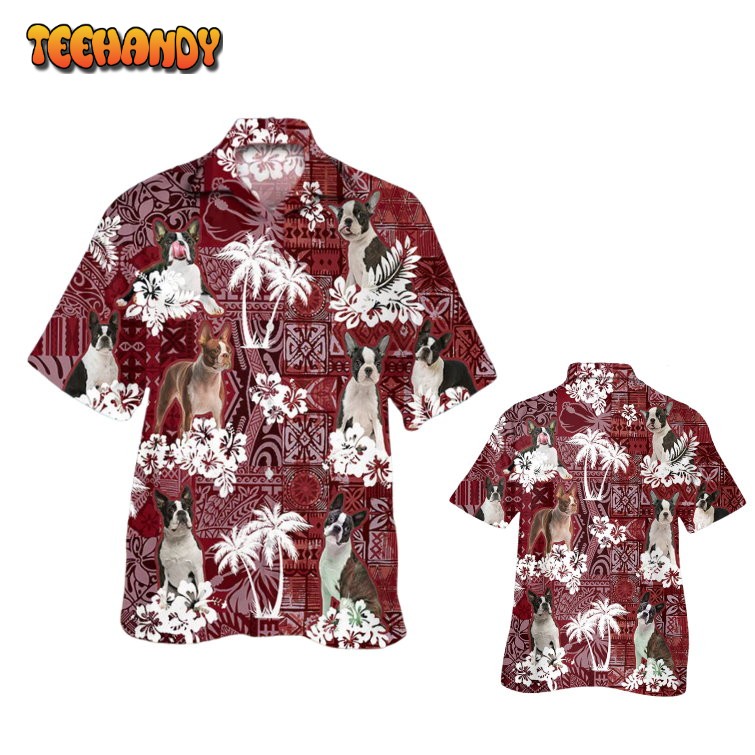 Boston Terrier Hawaiian Shirt, Dog Aloha Beach Shirt Red Tribal Pattern