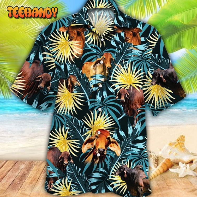 Brahman Cattle Blue And Yellow Tropical Plants Hawaiian Shirt