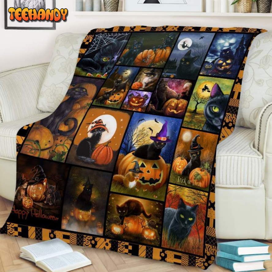 Cat Colorful Halloween Sherpa Blanket – Cute Halloween Blanket Gift