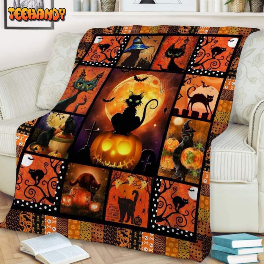 Cat Halloween Sherpa Blanket Gift  Black Cat Throw  Halloween Adult Blanket