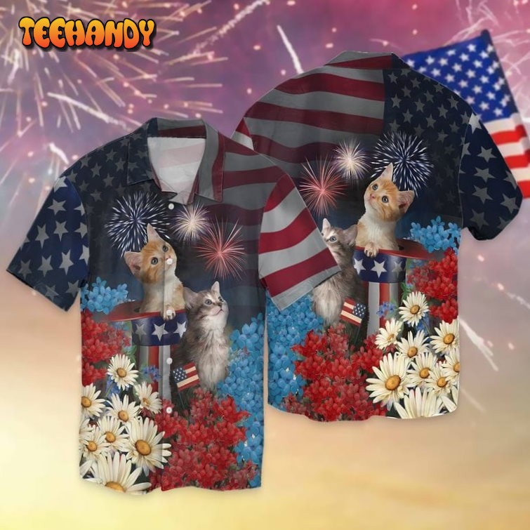 Cat Hawaiian Shirt, 4Th Of July Cat Aloha Beach Shirts Hawaiian Shirts