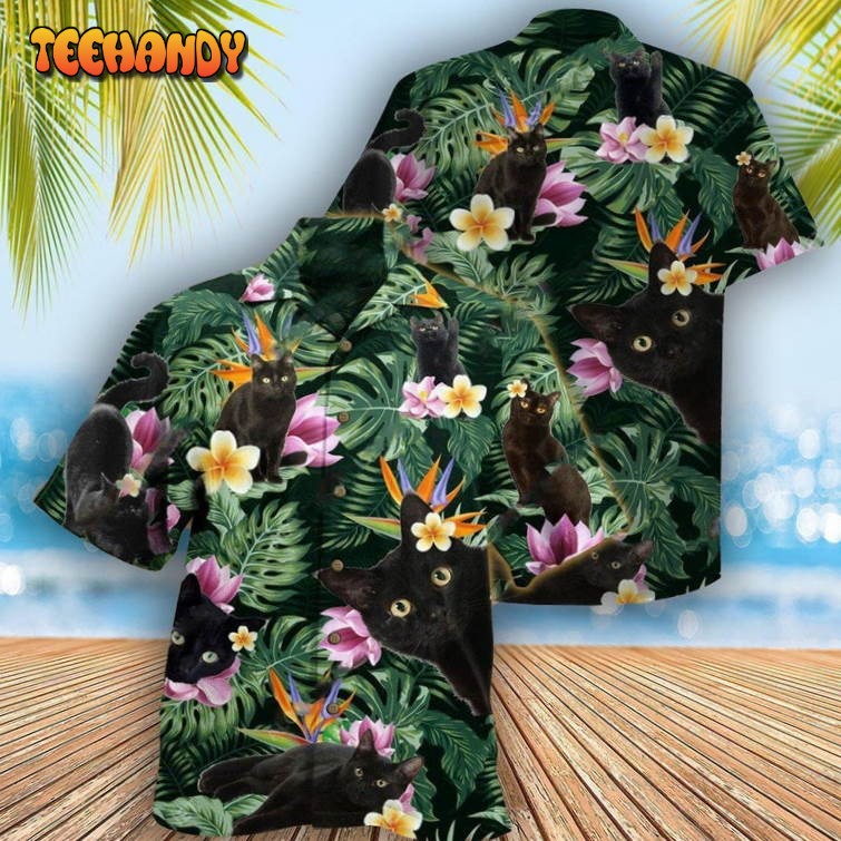 Cat Hawaiian Shirt, Black Cat with Leaf Hawaiian Shirt, Gift For Cat Lovers