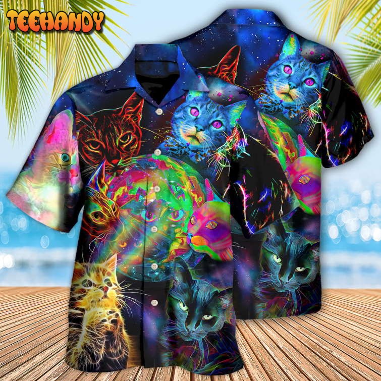 Cat Psychedelic Glowing Galaxy Neon Hawaiian Shirt