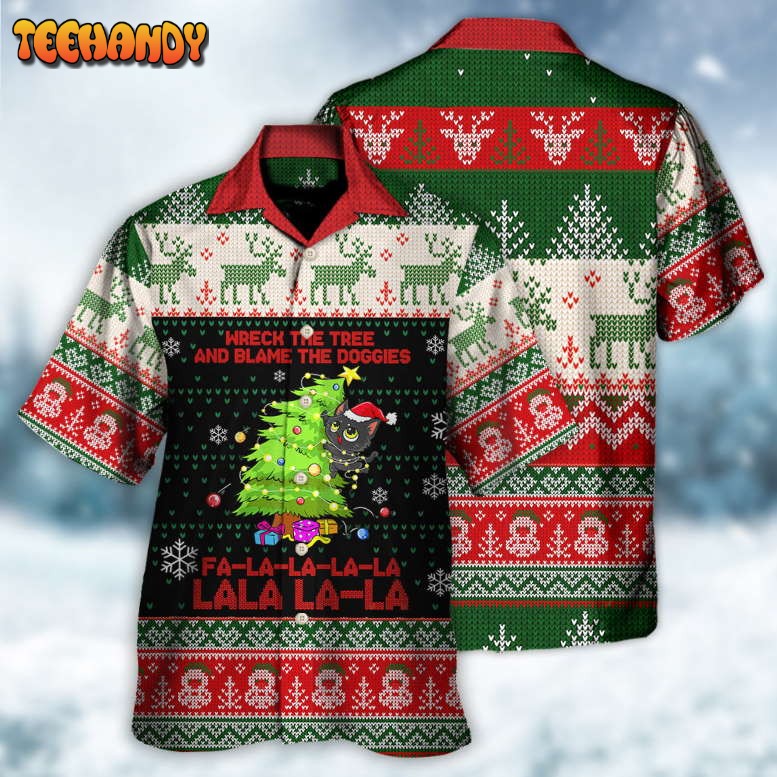 Cat Wreck The Tree Christmas Tree Light Funny Ugly Style Hawaiian Shirt