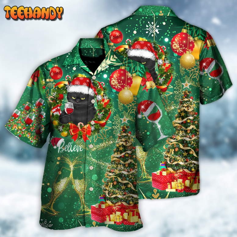 Christmas Black Cat Drinking Happy Christmas Tree Green Light Hawaiian Shirt