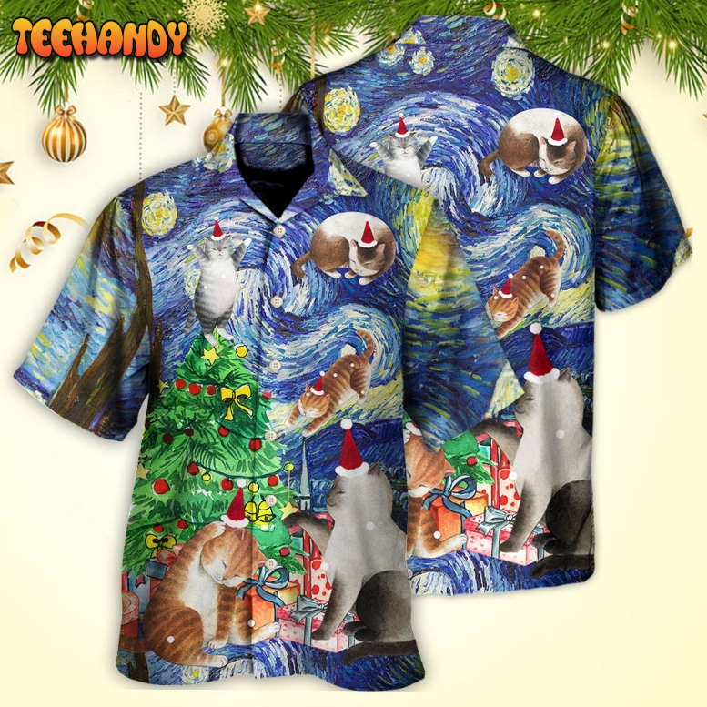 Christmas Cat Playing In Starry Night Hawaiian Shirt