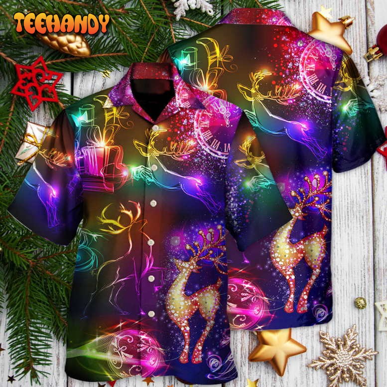 Christmas Reindeer Neon Light Bright Hawaiian Shirt