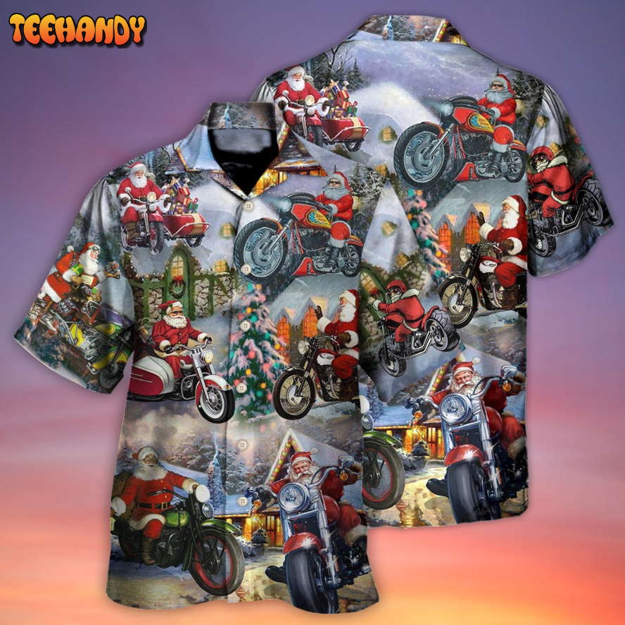 Christmas Santa Claus Driving Motorcycle Bike Gift Light Art Style Hawaiian Shirt