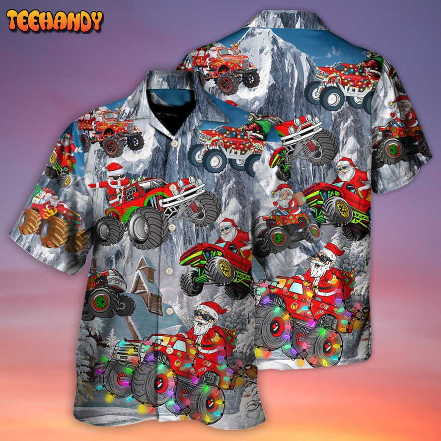 Christmas Santa Claus Riding Red Truck Snow Mountain Art Style Hawaiian Shirt