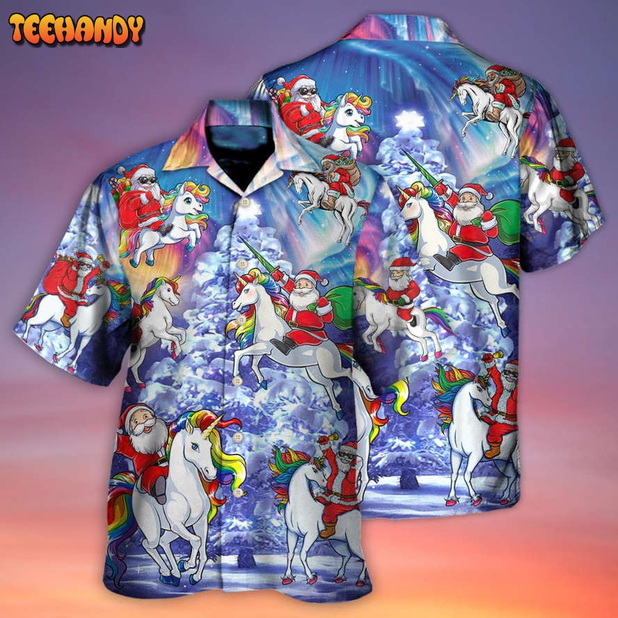 Christmas Santa Claus Riding Unicorn Snow Mountain Art Style Hawaiian Shirt