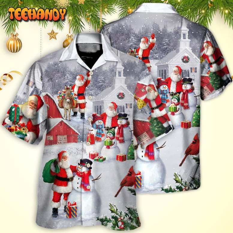 Christmas Santa Claus With Snowman Family In The Town Hawaiian Shirt