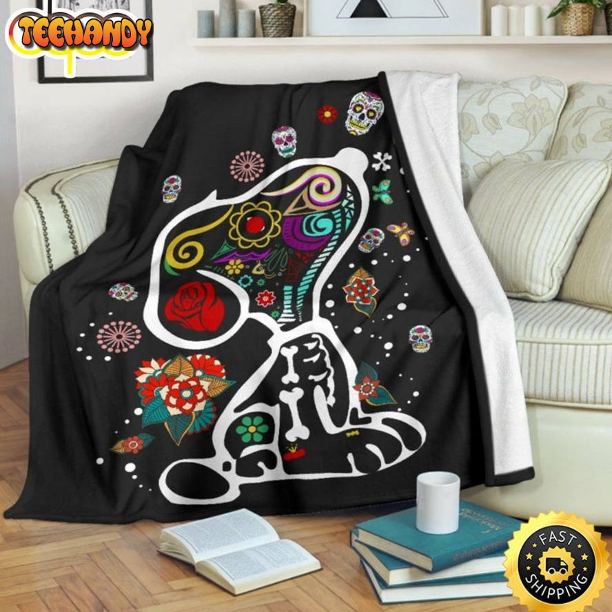 Colorful Snoopy And Skull Brocade Motifs Fleece Snoopy Dog Blanket