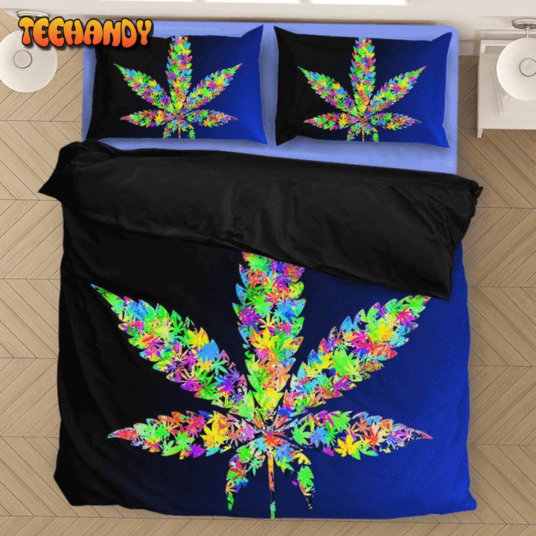 Colorful Weed Leaf Marijuana Hemp Dark Blue Cool Bedding Set