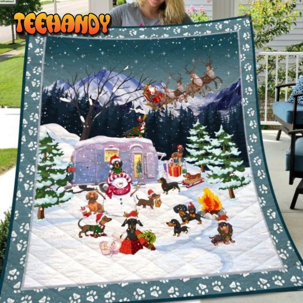 Dachshund Going Camping At Christmas 3D Customized Quilt Blanket