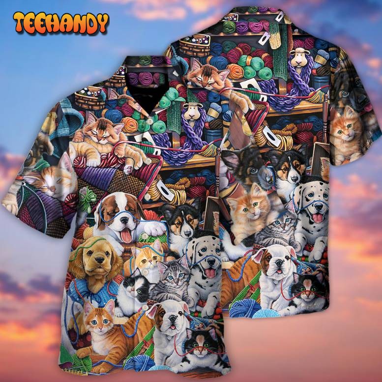 Dog And Cat Play Yarn Together Hawaiian Shirt