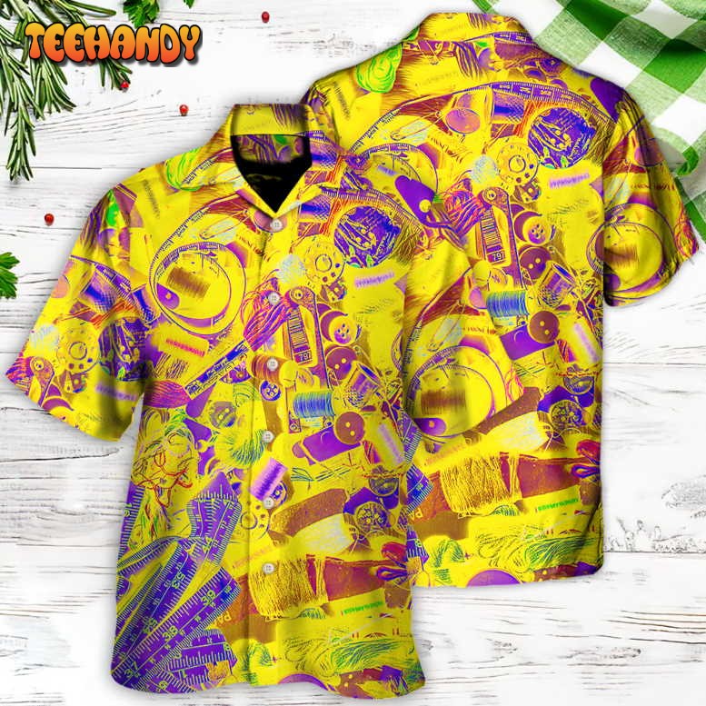 Embroidery Sewing Tailor Spool Vintage Retro Yellow Knitting Hawaiian Shirt