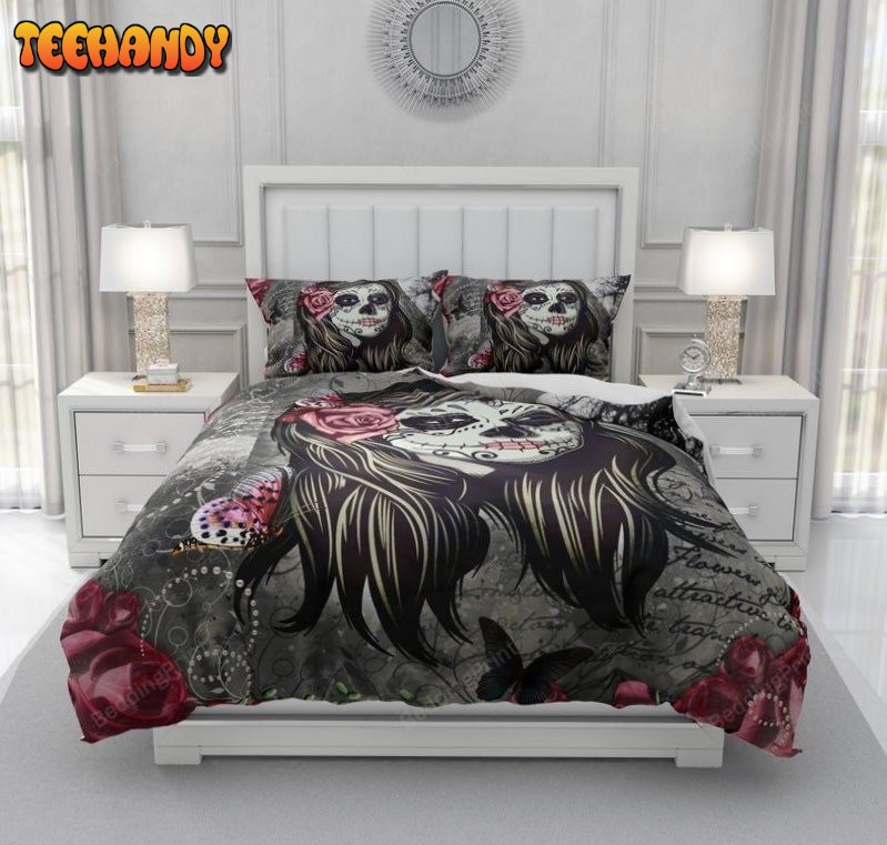 Gray And Deep Red Sugar Skull Bedding Sets