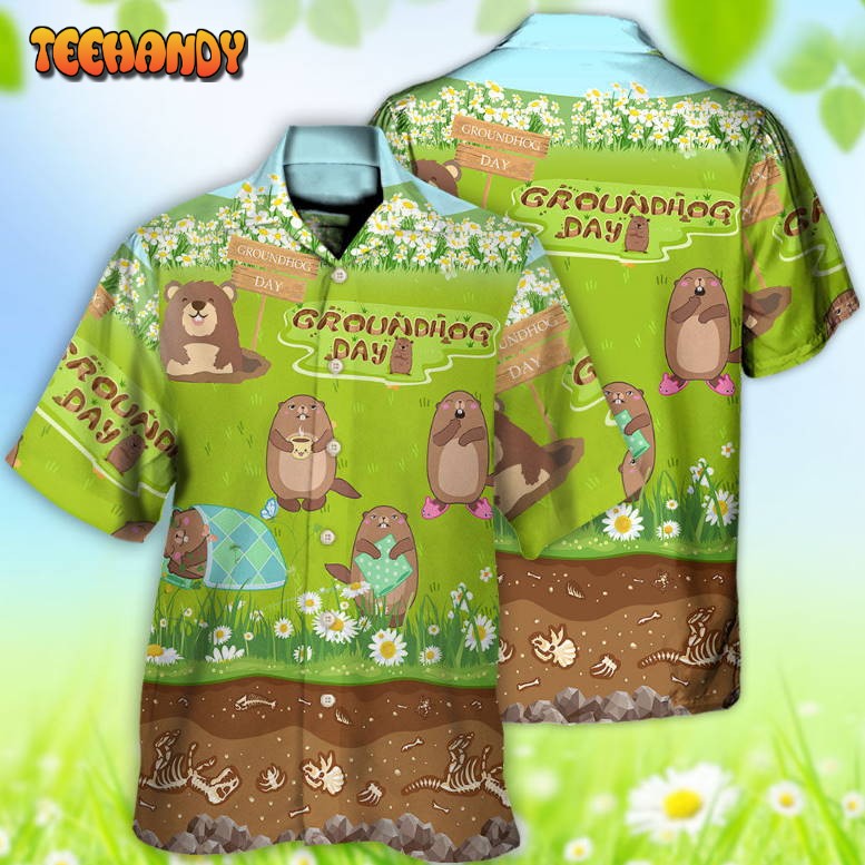 Groundhog Day Happy Spring Day With Grass Flowers Hawaiian Shirt